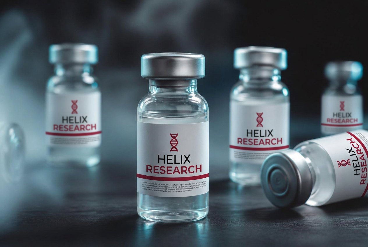 Laboratory research peptide vials under cold lighting